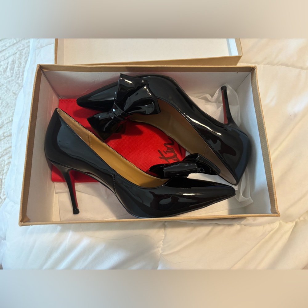 Designer Inspired Black Patent Leather Heels with Bow & Red Bottom